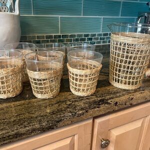 Jenni Kayne Home Glass Pitcher and Tumbler Set with Natural Rattan Wraps